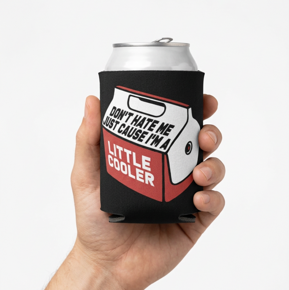 A Hand holding a Little Cooler Neoprene Beer Koozie