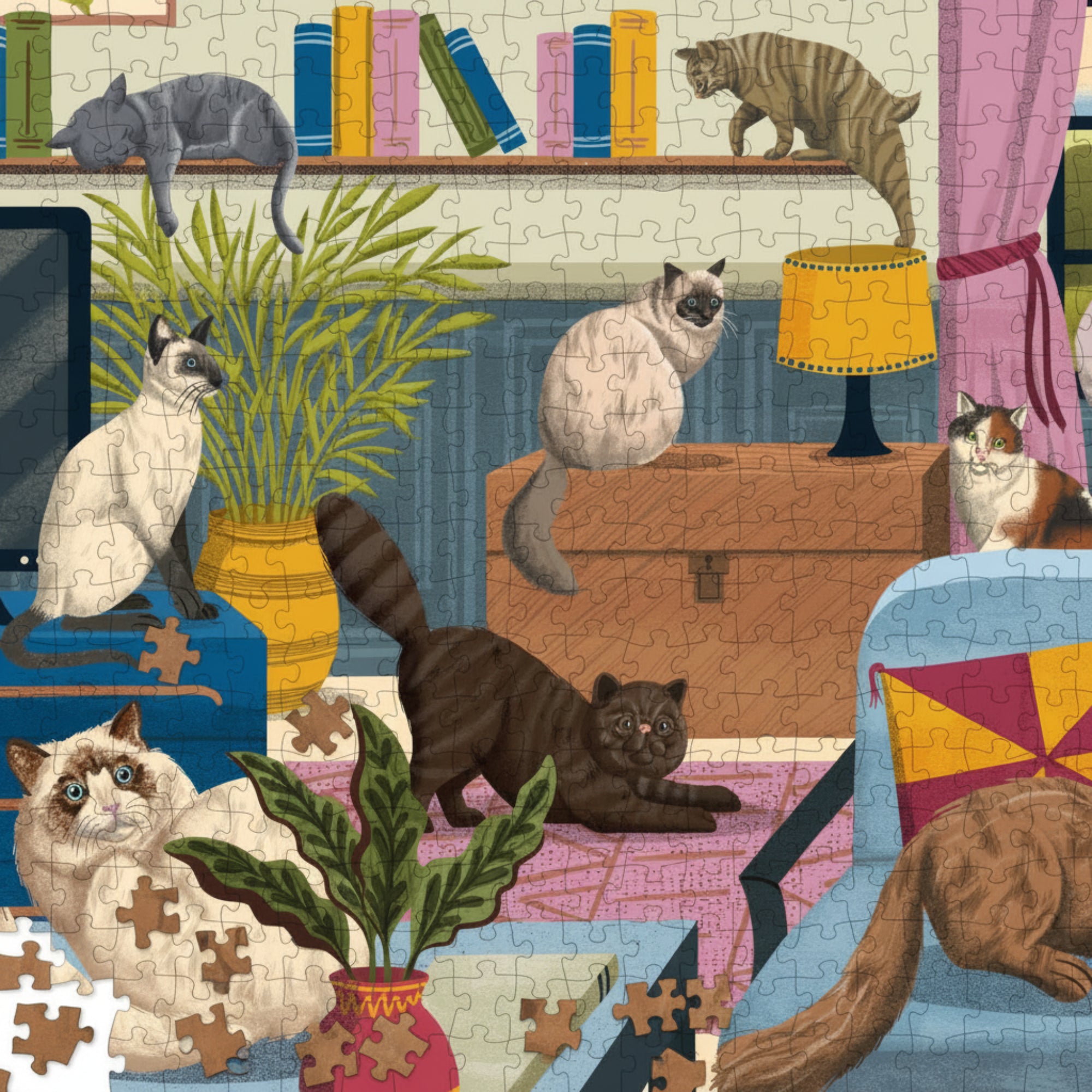 Cat-themed puzzle with pieces and packaging on a colorful background