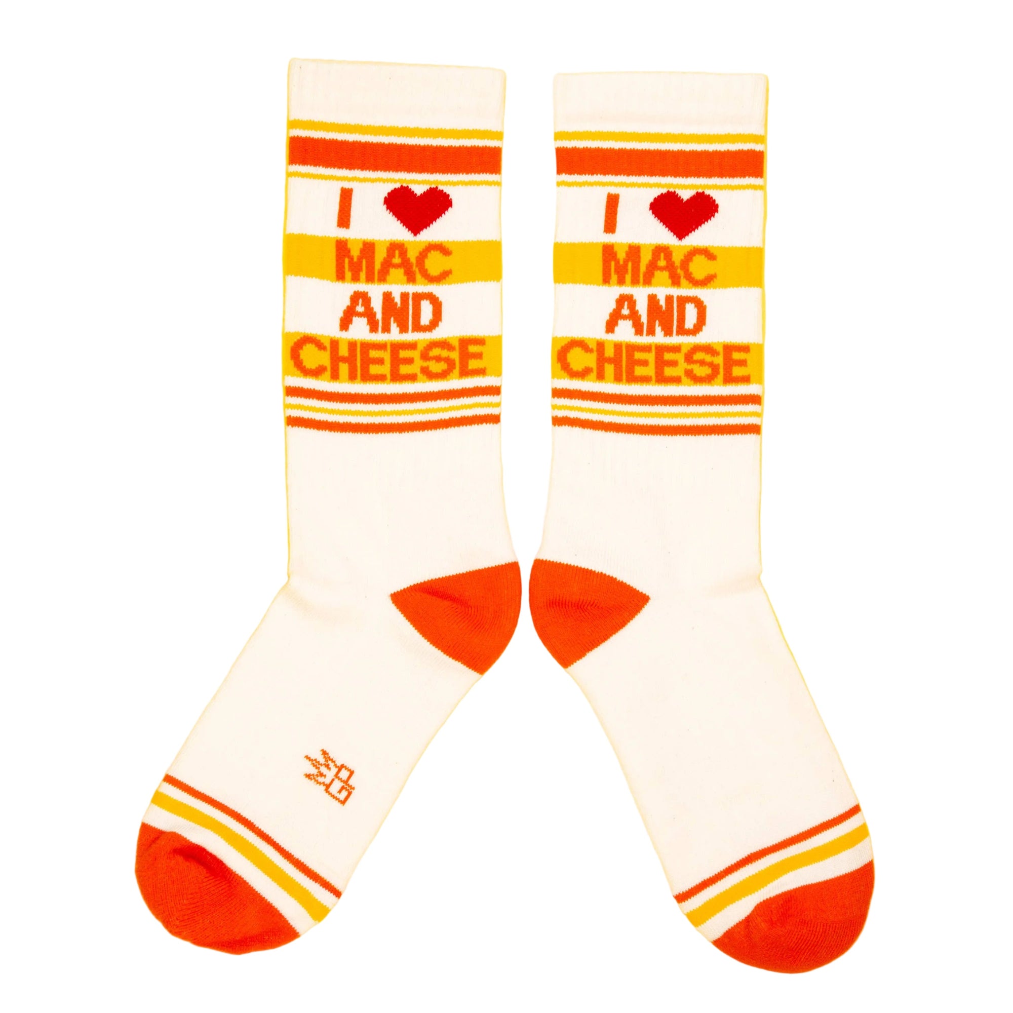 White socks with red and orange accents and 'I ❤️ Mac and Cheese' text on a yellow background