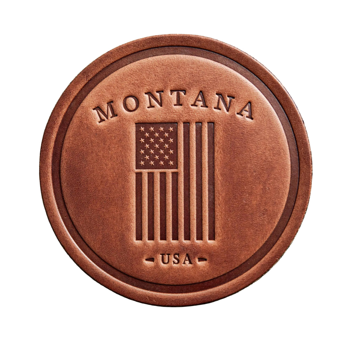 Montana American flag 4 inch leather coaster from The Ruddy Duck in Whitefish, Montana