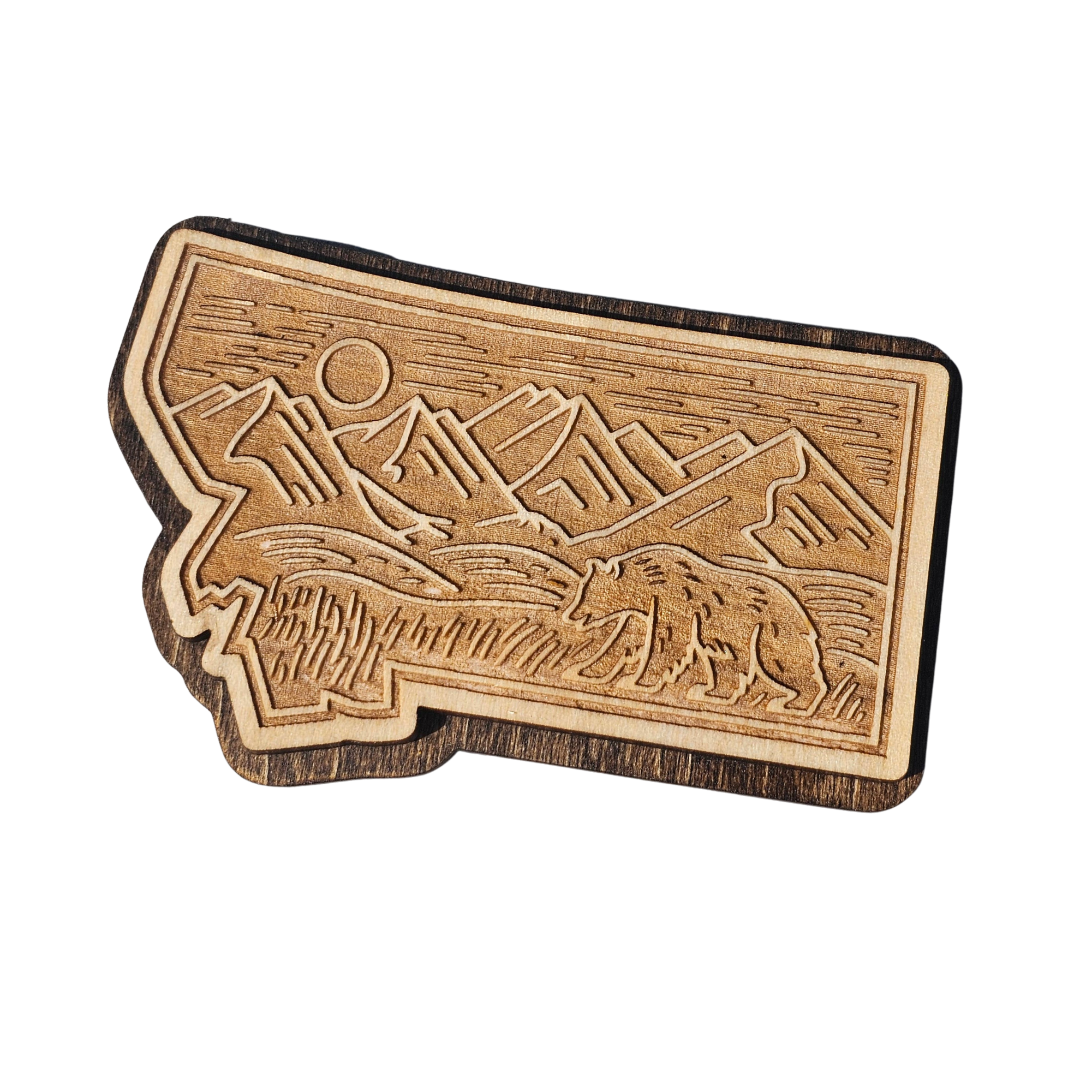 Montana Mountains and Bear - Engraved Wood Magnet