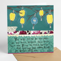 Decorative card with hanging lanterns, floral pattern, and inspirational quote. My Prayer For You, Sympathy Card.