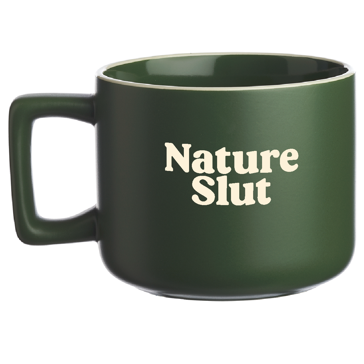 Nature Slut mug, 15 oz matte forest green ceramic with cream lettering