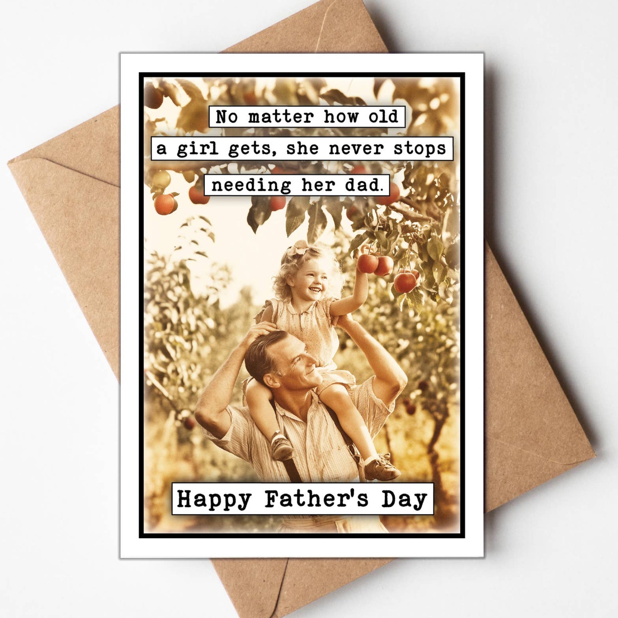 Father's Day card with a photo of a man and a girl in an apple orchard, featuring a quote.