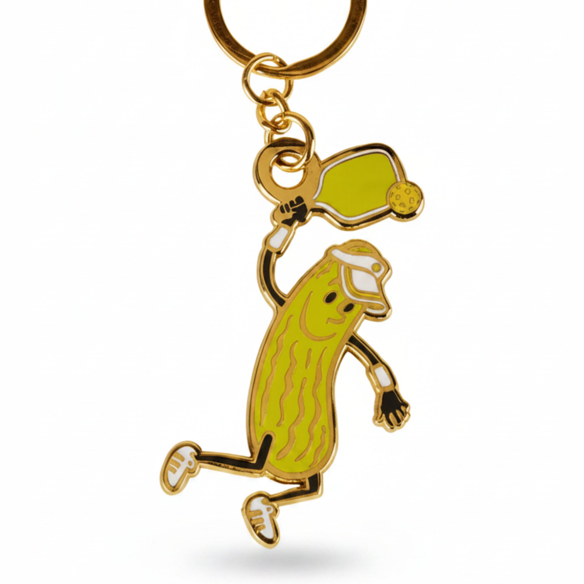 Keychain with a running pickle design on a white background