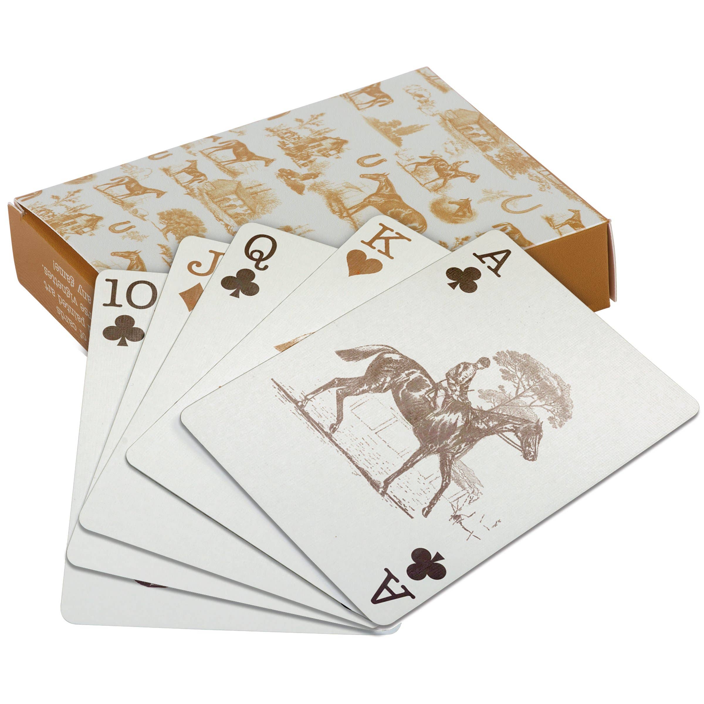 Playing cards with decorative design and box on a white background