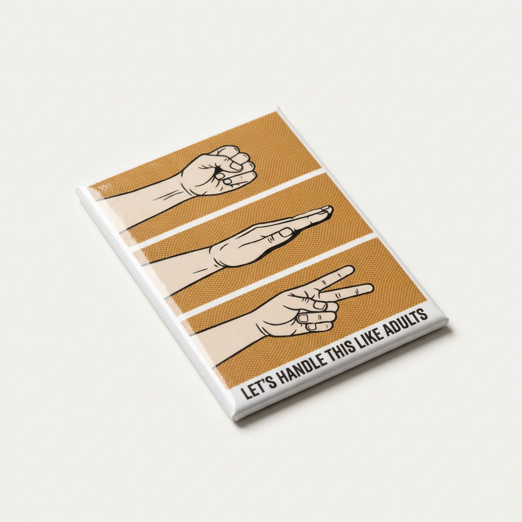 A Magnet that has three hand motions of the game, Rocks, Paper and Scissors. The funny text says Let's Handle this like adults.
