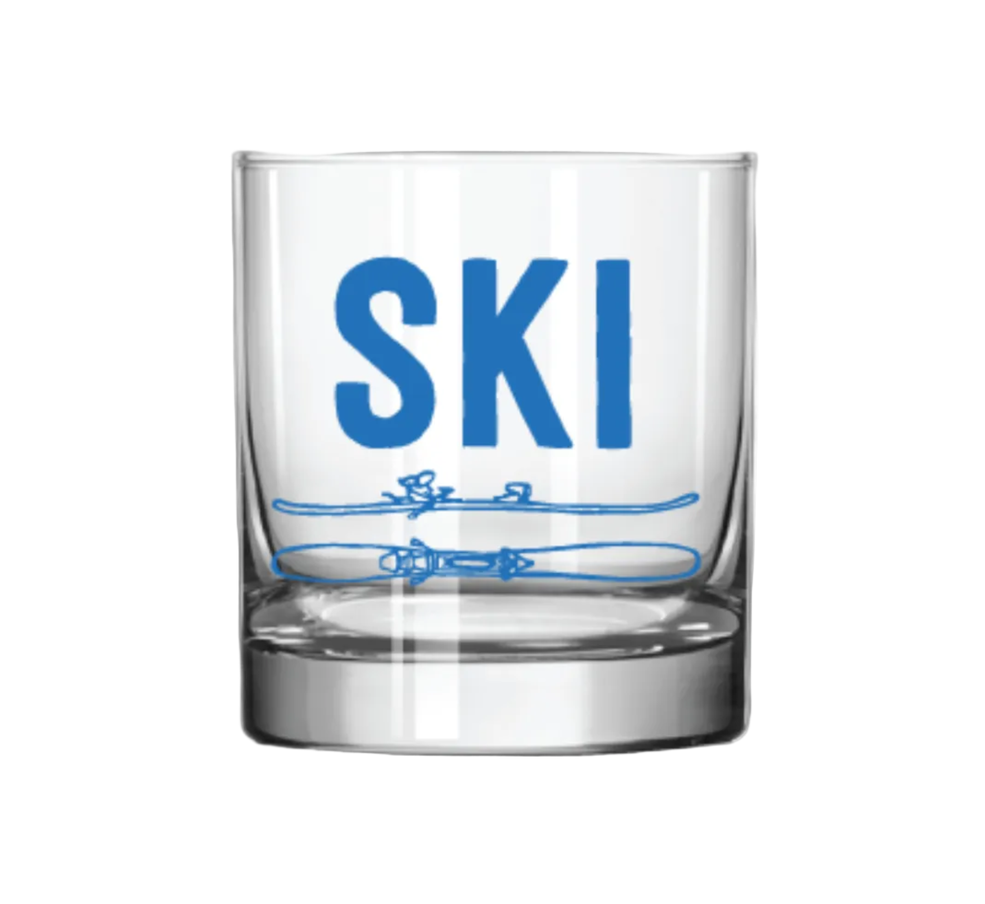 Clear glass with blue 'SKI' and ski design on a white background