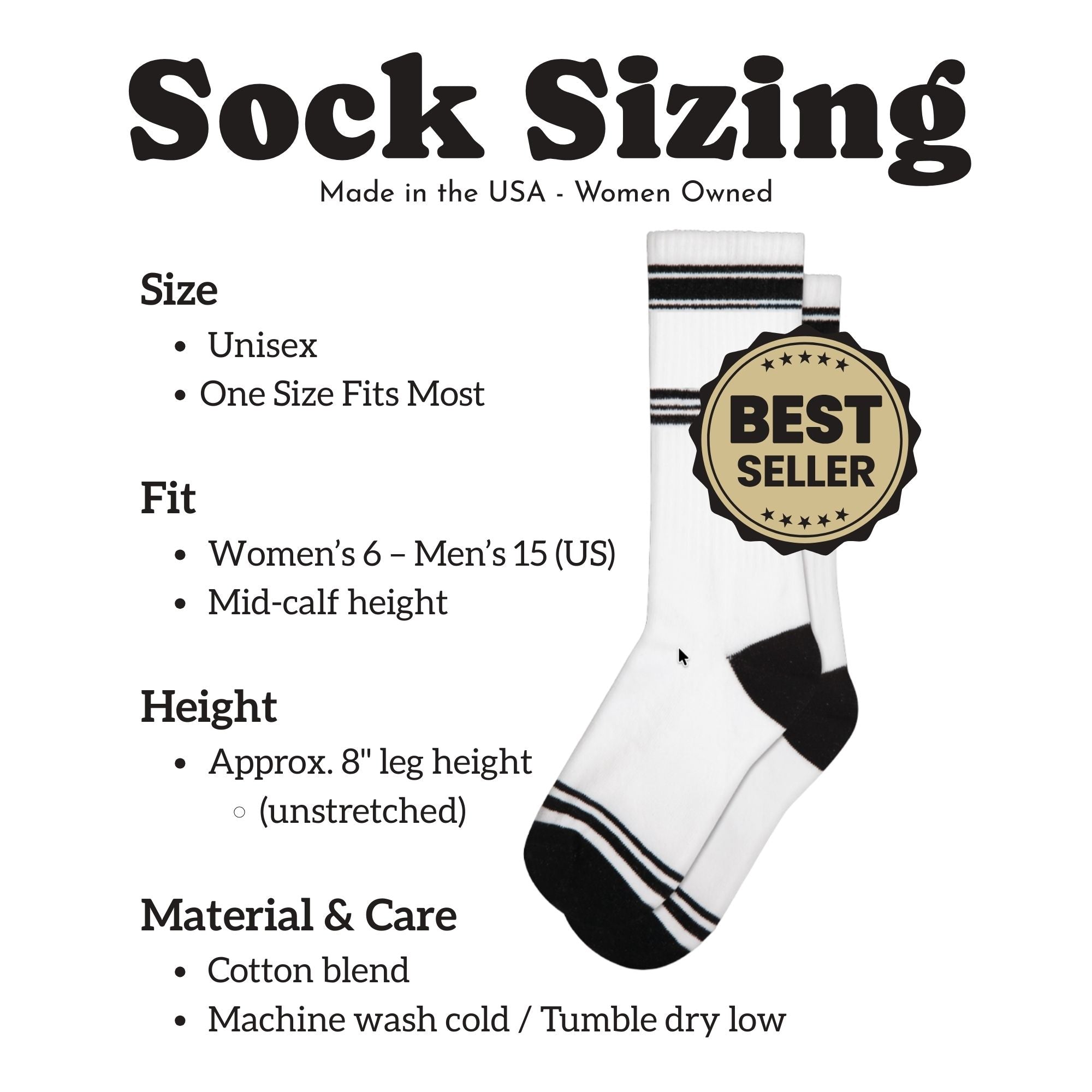 White sock with black stripes and 'Best Seller' label on a white background with sock sizing information.
