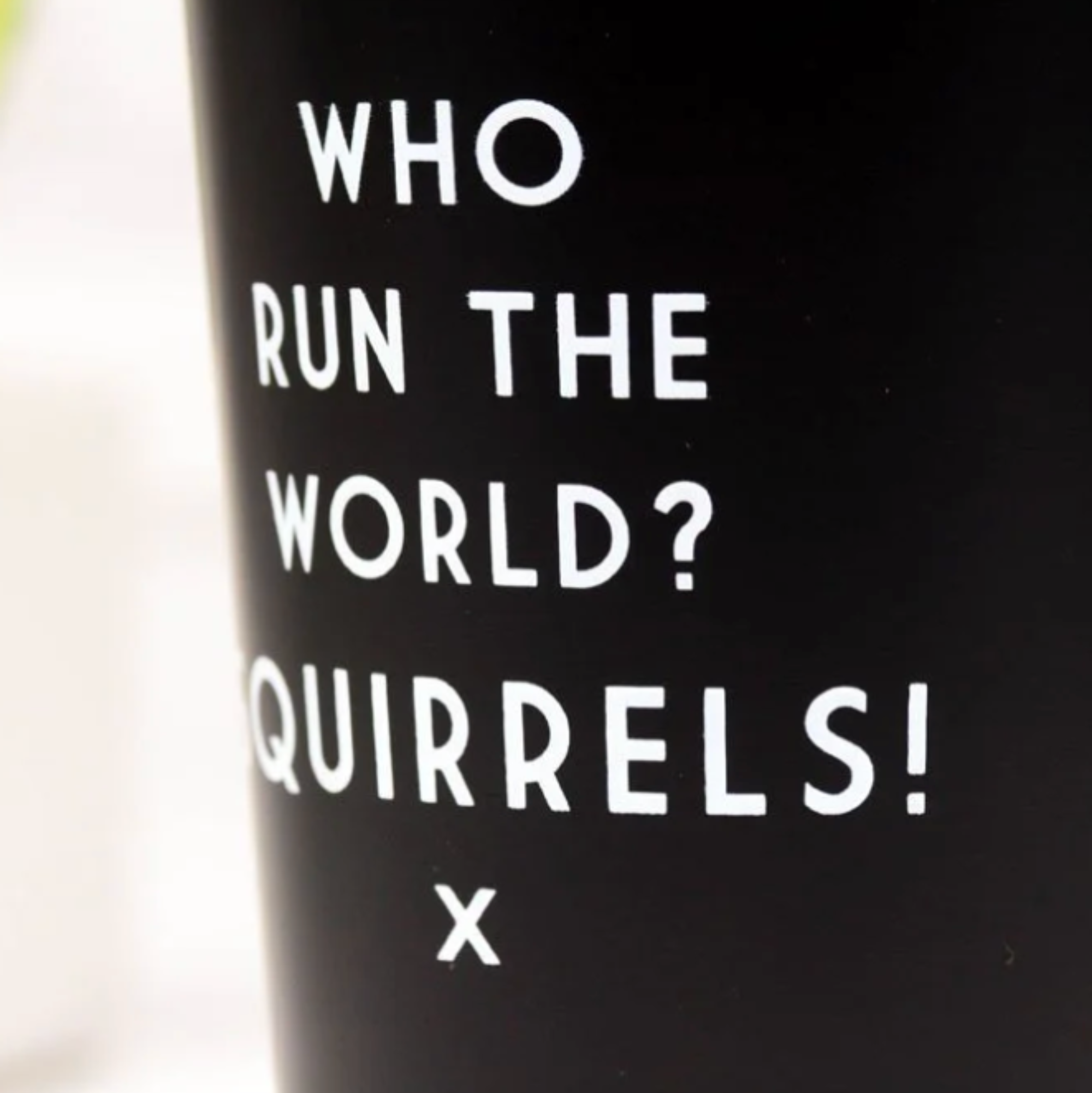 Black mug with white text 'WHO RUN THE WORLD? Squirrels!' on a blurred background