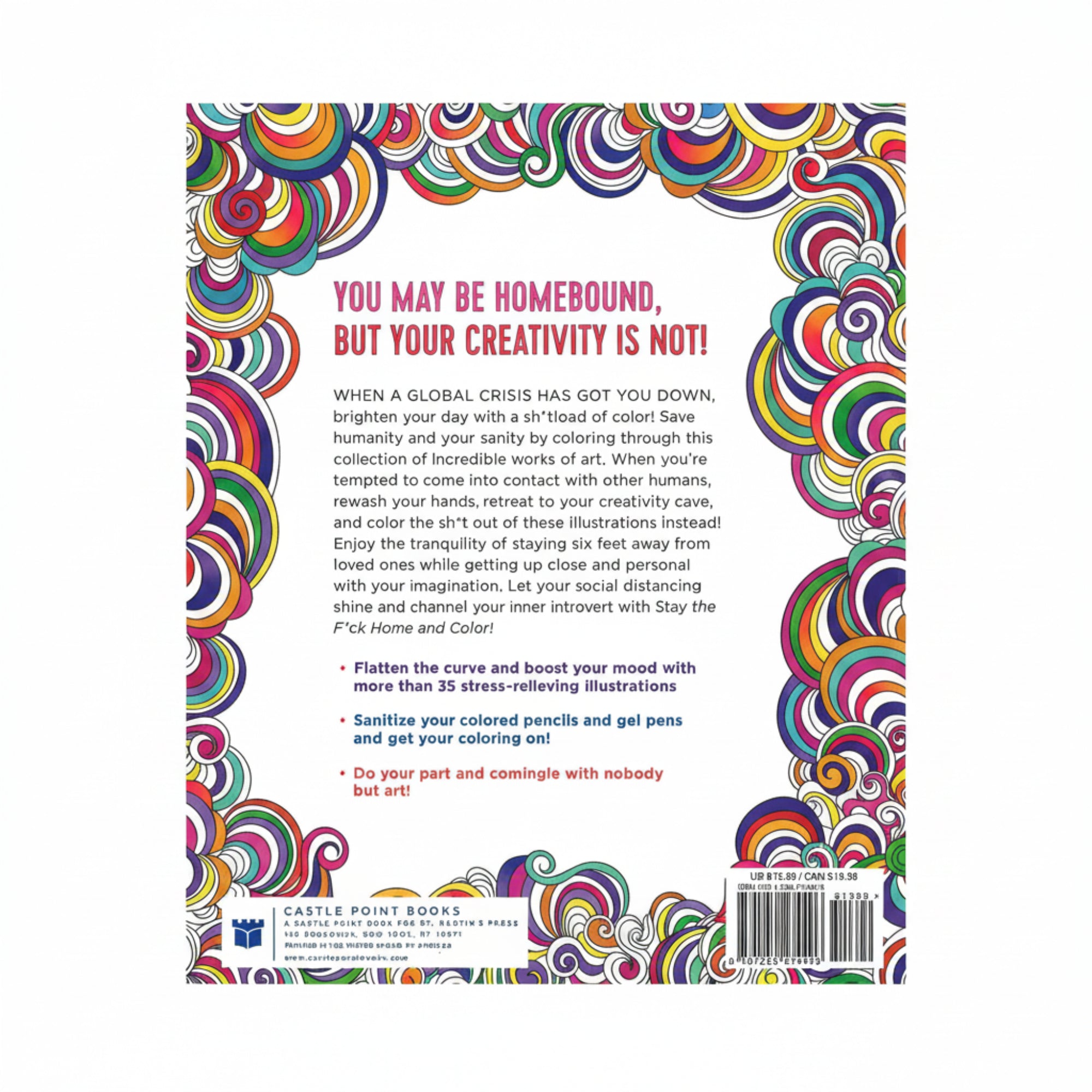 Colorful book back cover with text and abstract patterns