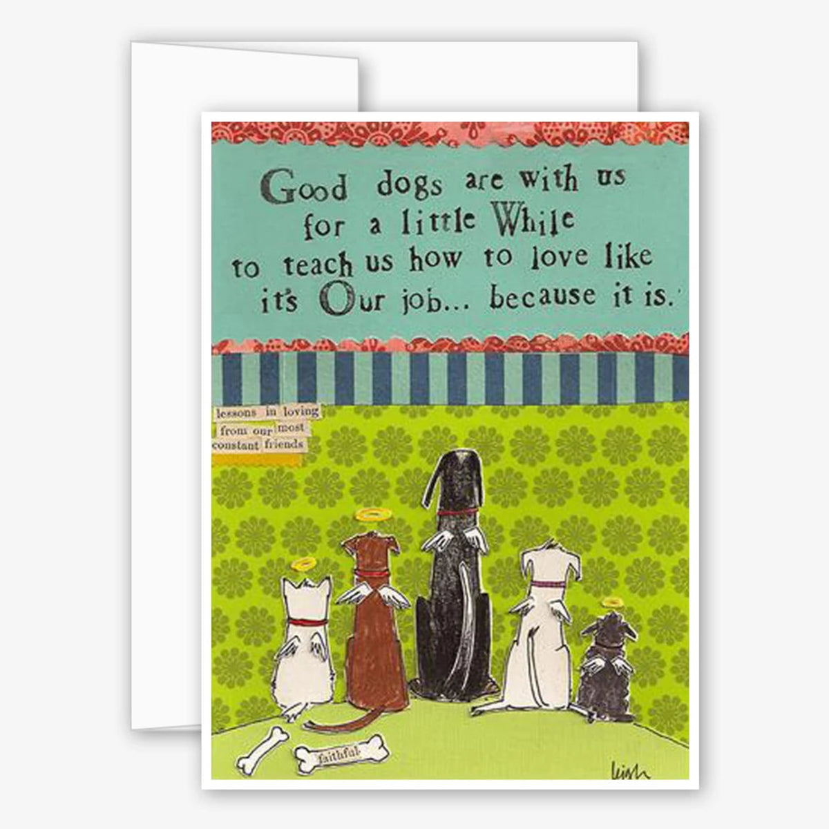 A square greeting card with a white envelope behind it, featuring a whimsical illustration of four dogs in dresses against a patterned green background with a quote at the top.