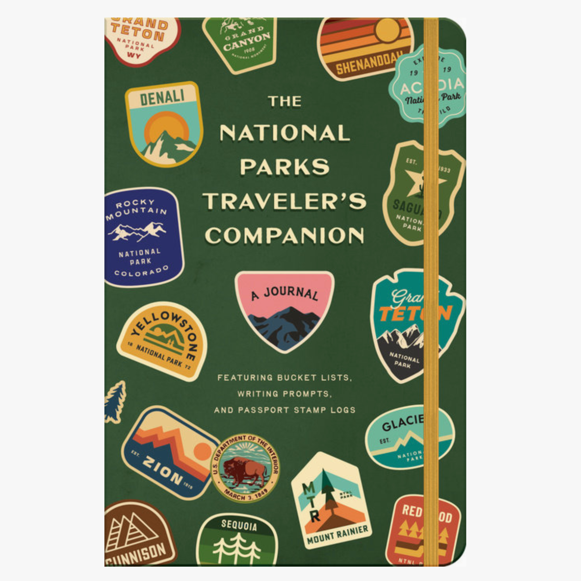 Notebook titled 'The National Parks Traveler's Companion' with various national park logos on a green background.