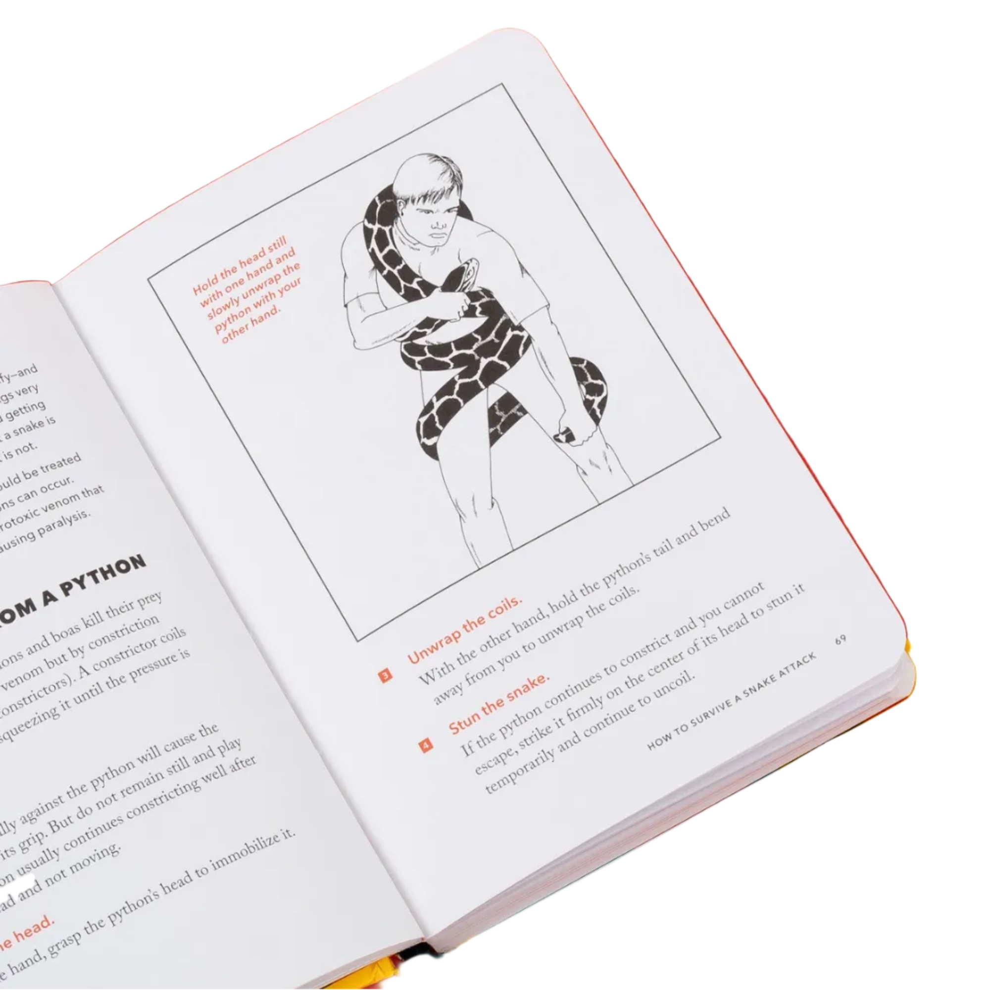 Open book with illustrations and text of a book titled 'The Worst-Case Scenario Survival Handbook' on a white background