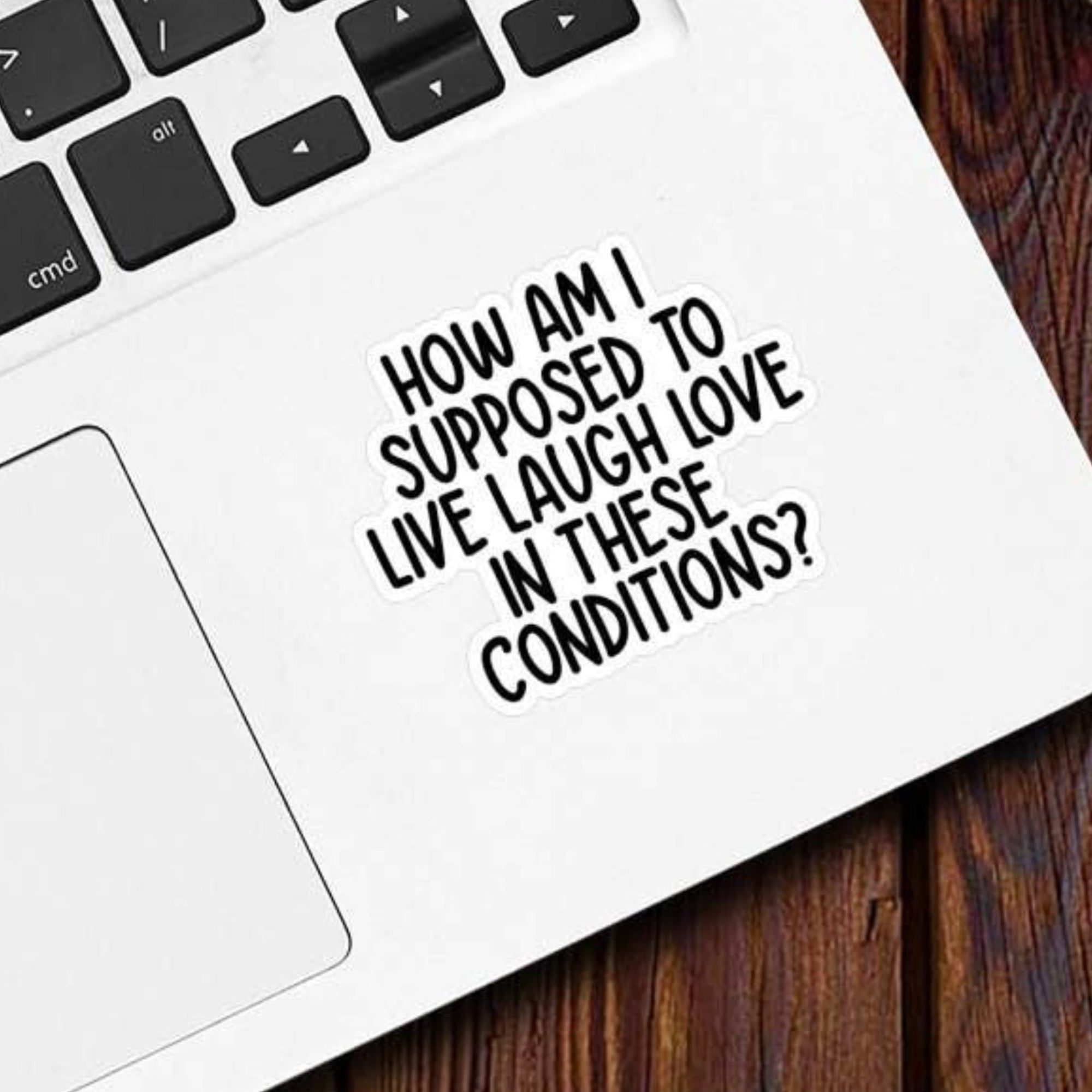 Live Laugh Love In These Conditions sticker shown on a laptop next to a latte