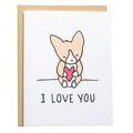 Card with a corgi illustration holding a heart and 'I love you' text on a white background.