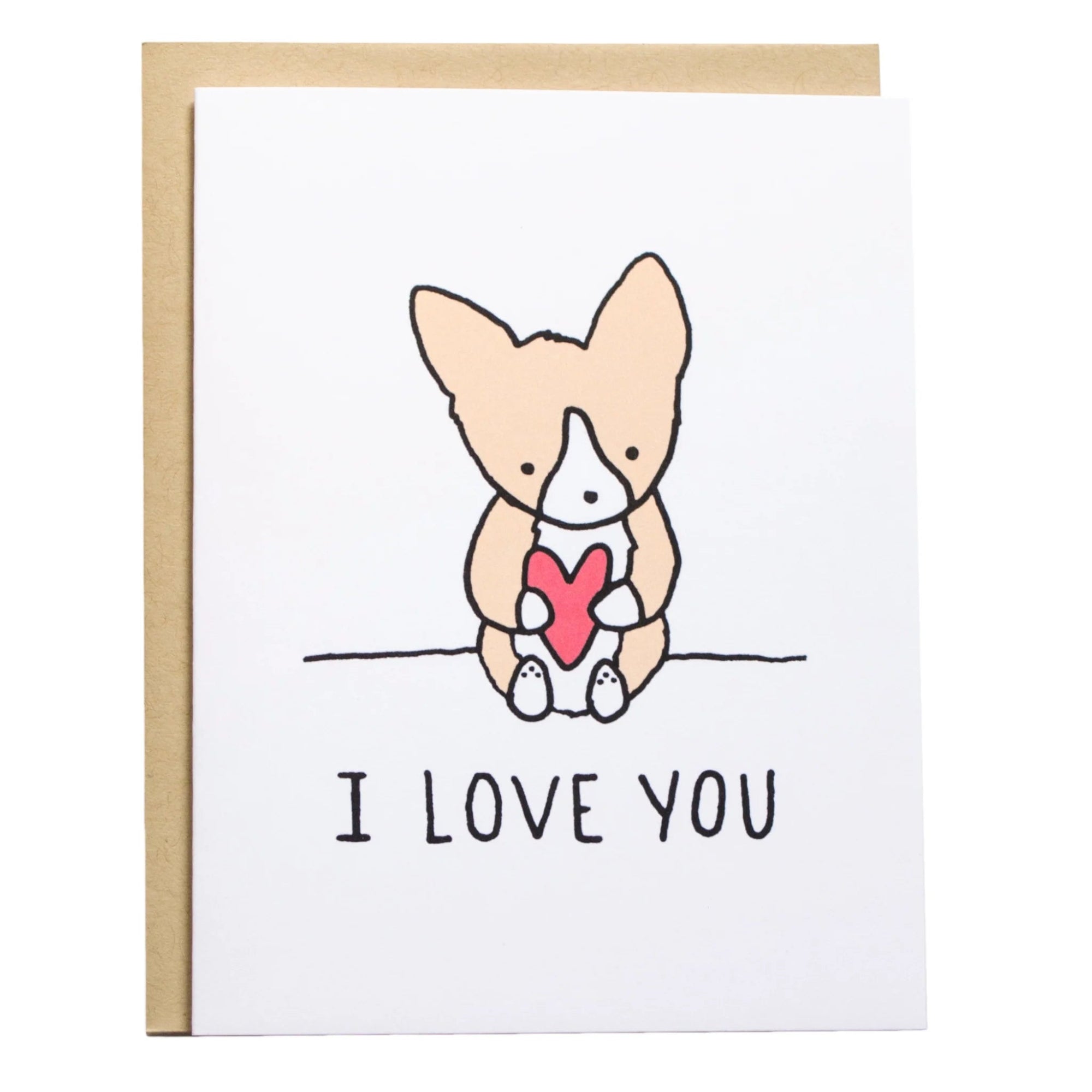 Card with a corgi illustration holding a heart and 'I love you' text on a white background.