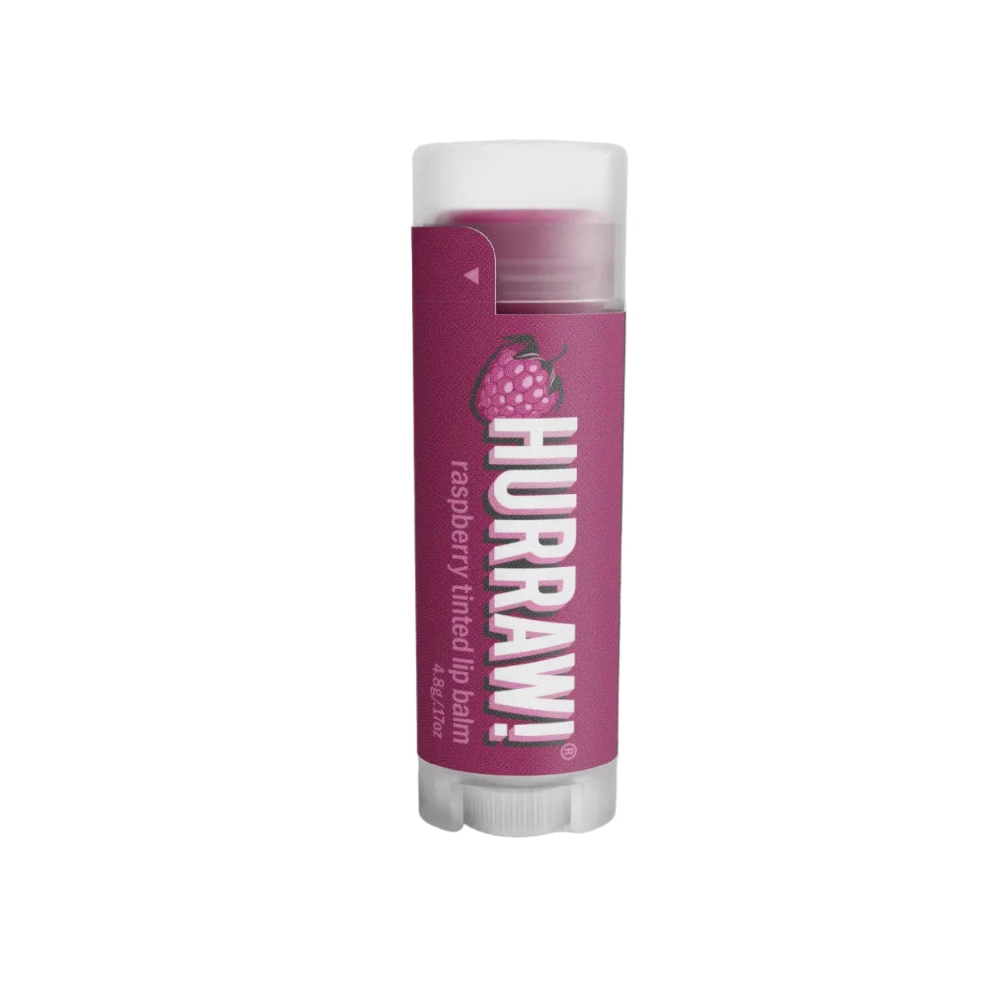 Purple Hurraw! lip balm stick on a white background
