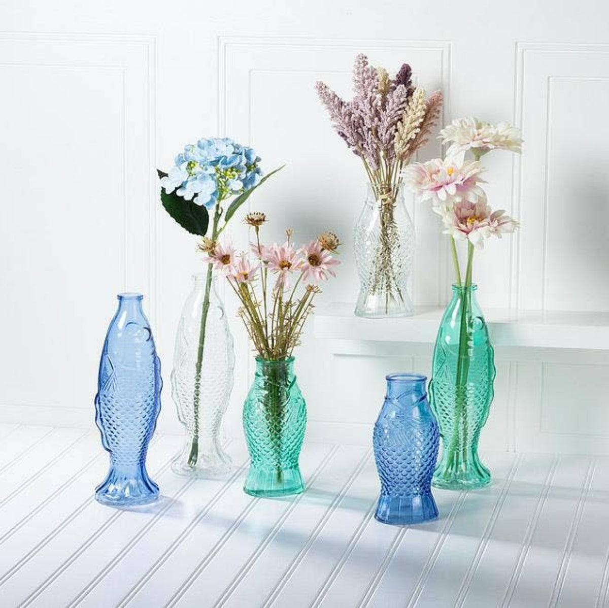  Trio of Glass Sprouting Fish Flower Vases Large and Small