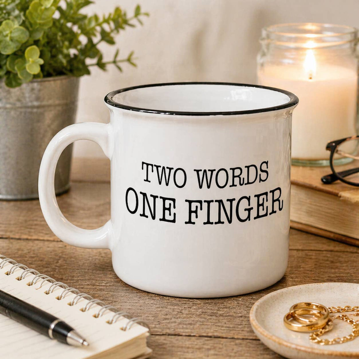 Two Words One Finger 15 oz ceramic camp mug printed on both sides, from The Ruddy Duck in Whitefish, Montana