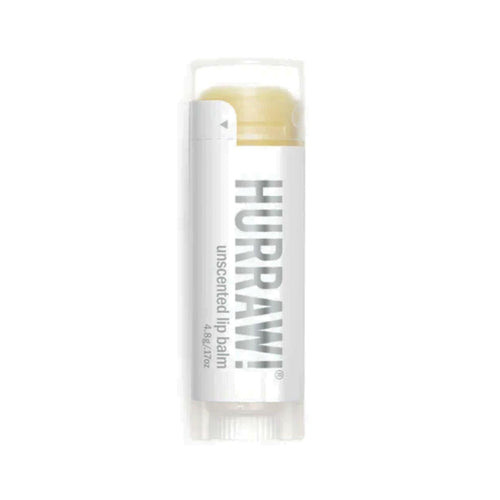 Lip balm stick with 'Hurraw!' branding on a white background