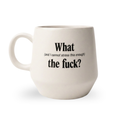 An off-white ceramic mug with black printed text that reads 'What (and I cannot stress this enough) the fuck?' on a clean white background.