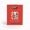 Birthday card with illustration of two people and humorous text on a red background
