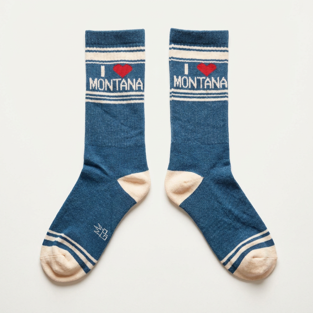 Pair of I Love Montana teal blue crew socks laid flat showing cream heels, toes, and retro stripes, from The Ruddy Duck in Whitefish, Montana