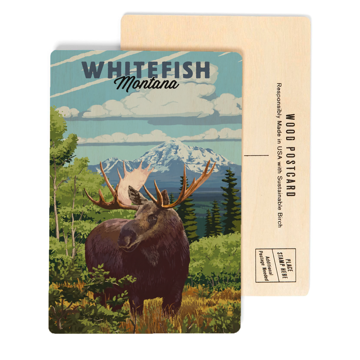 Whitefish, Montana Moose - Birch Wood Postcard
