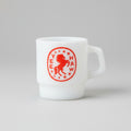Yee Haw white milk glass mug with red bucking horse and stars badge, retro diner style, from The Ruddy Duck in Whitefish, Montana