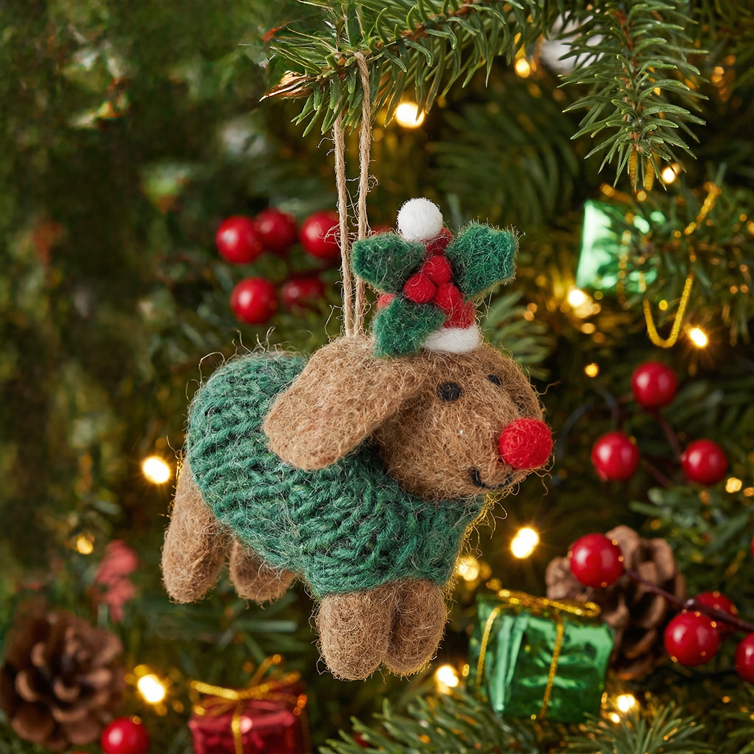Handmade felt dachshund Christmas ornament in knit sweater and holiday hat with Rudolph nose, from The Ruddy Duck in Whitefish, Montana
