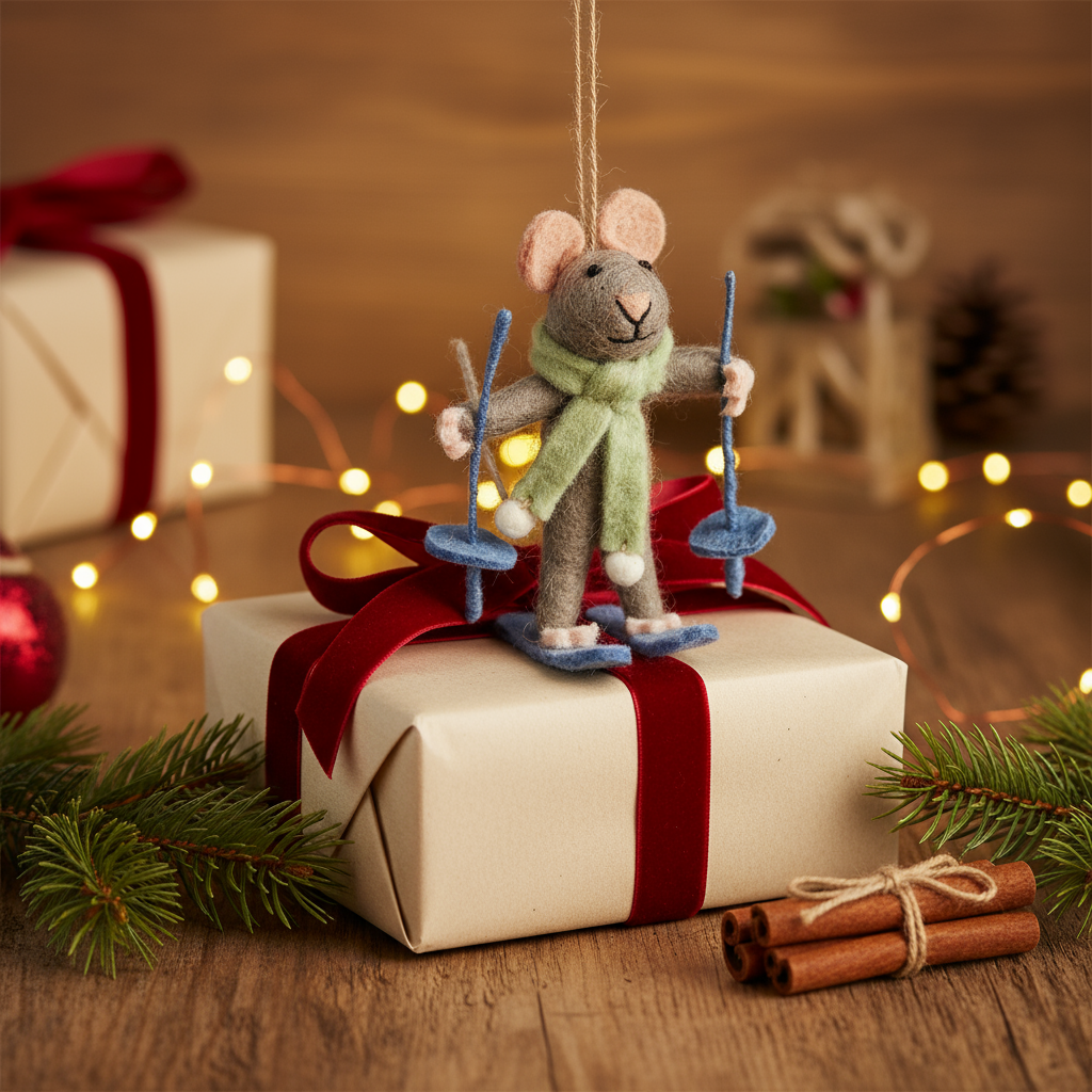 Sylvia the Skiing Mouse - Felt Christmas Ornament