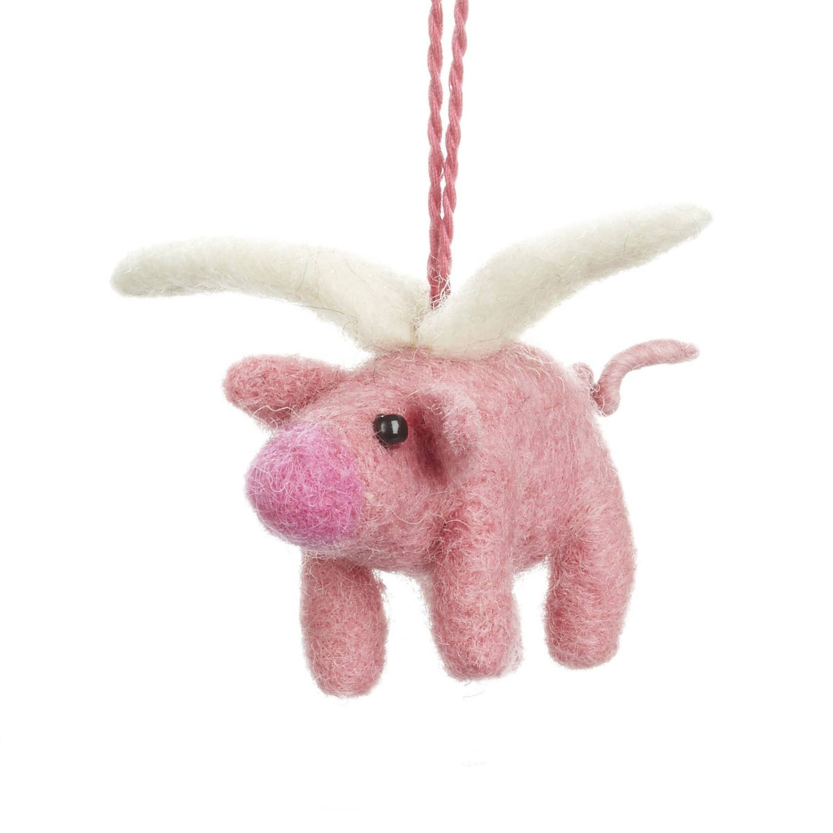 Handmade needle felted flying pig ornament with stitched wings, from The Ruddy Duck in Whitefish, Montana