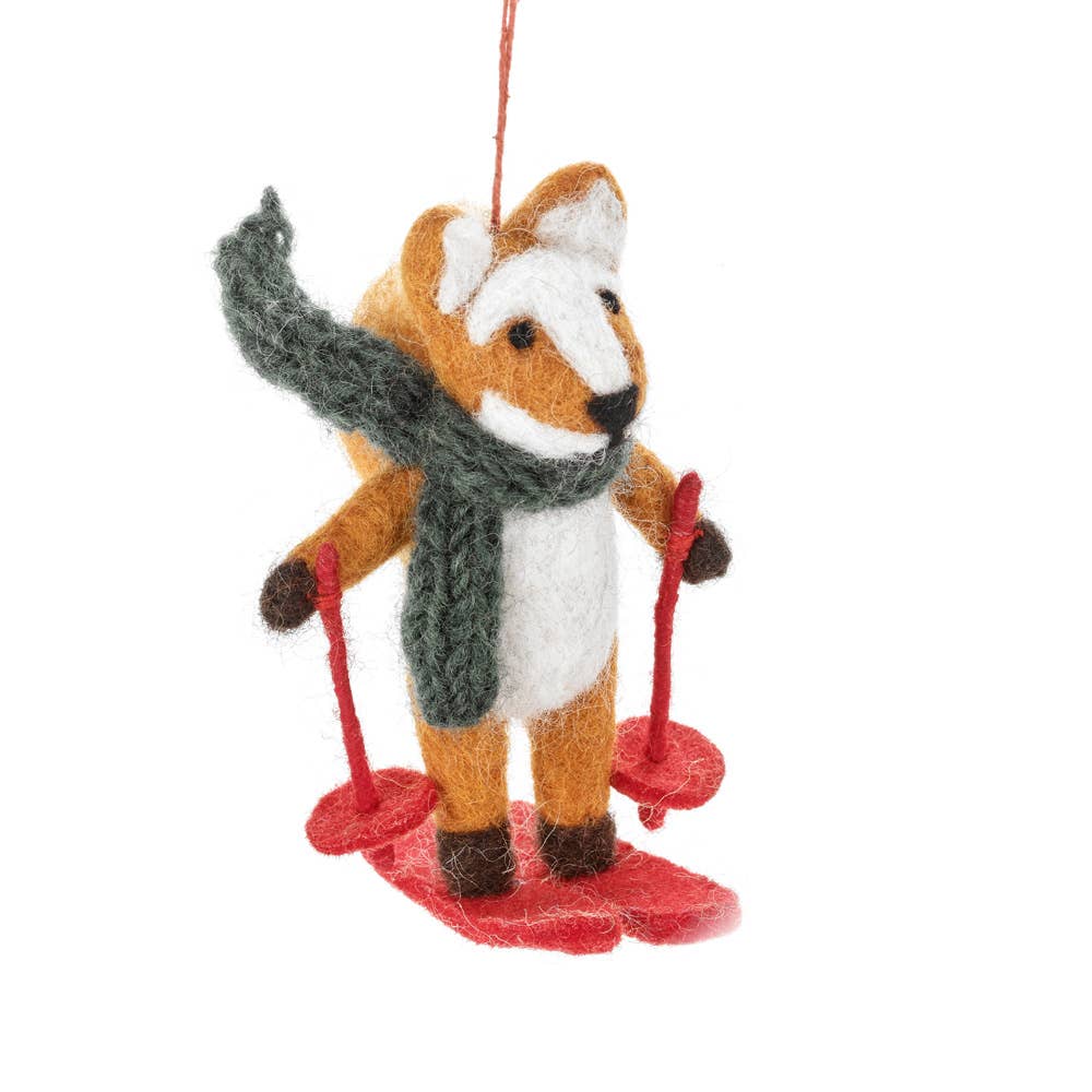 Handmade felt fox Christmas ornament on wet felted skis, from The Ruddy Duck in Whitefish, Montana