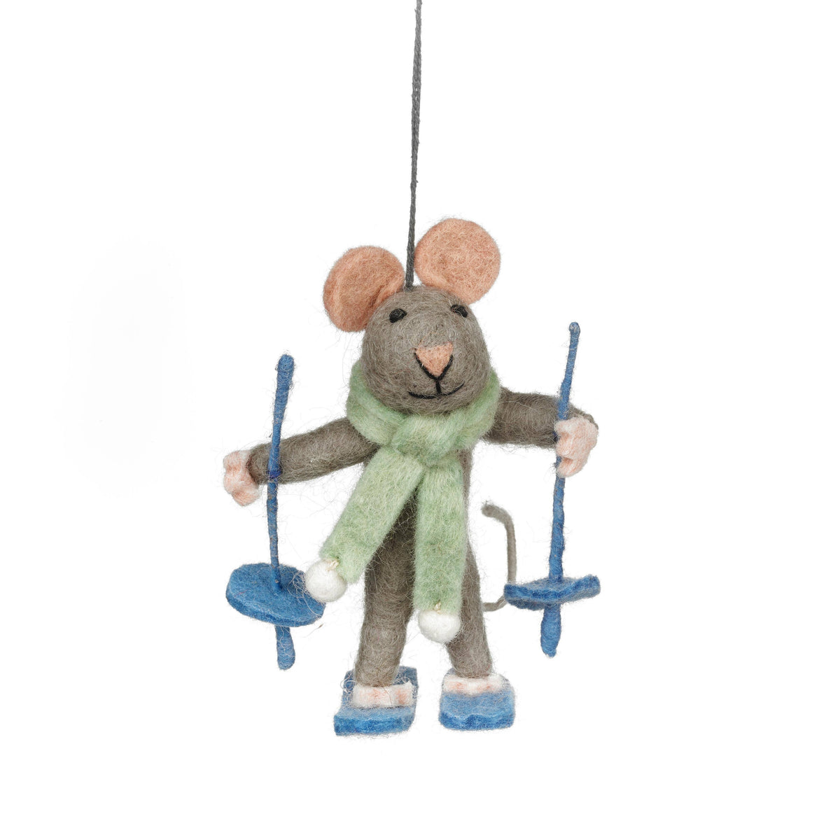Handmade felt skiing mouse Christmas ornament in winter outfit, from The Ruddy Duck in Whitefish, Montana