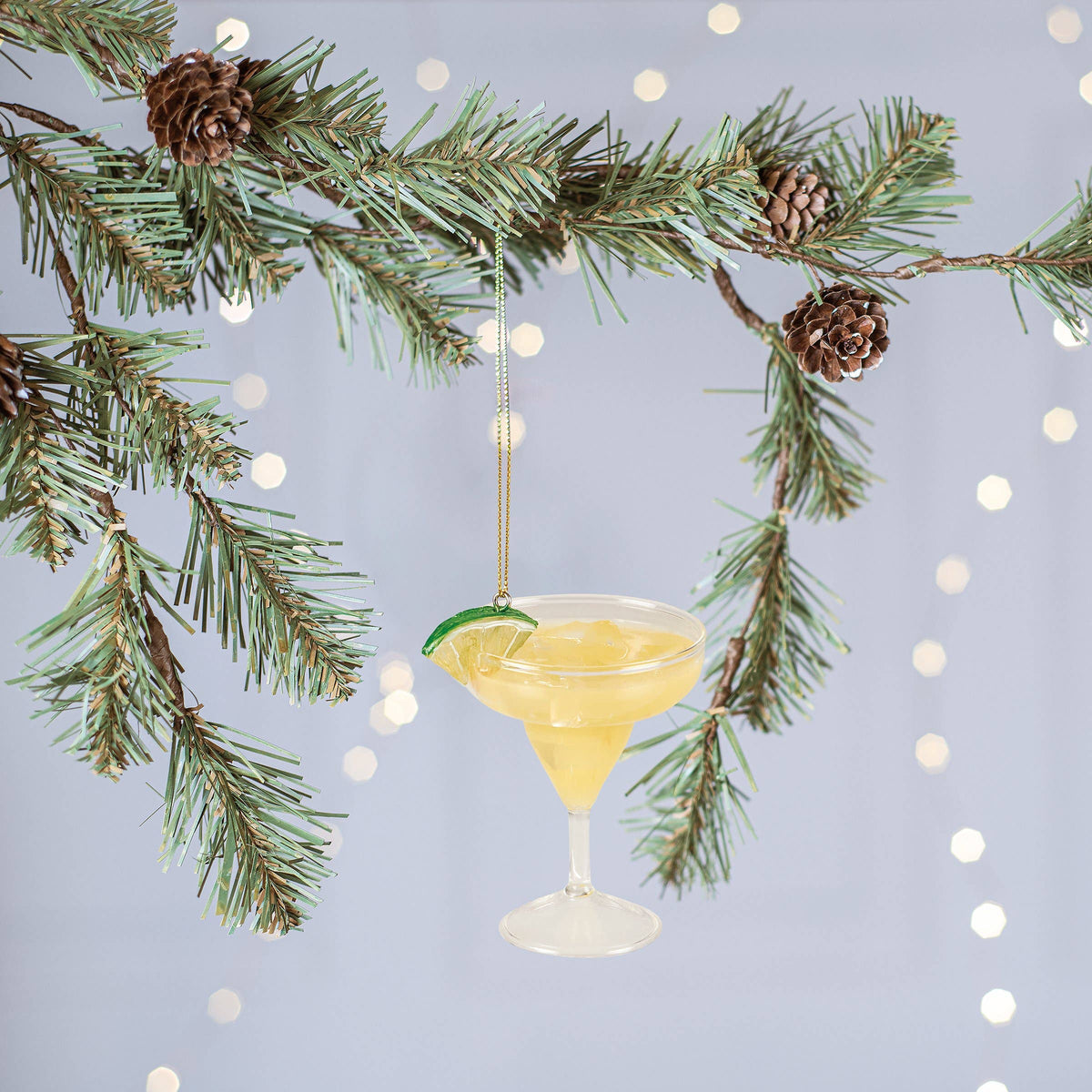 Glass margarita cocktail ornament with lime wedge, alternate view, from The Ruddy Duck in Whitefish, Montana