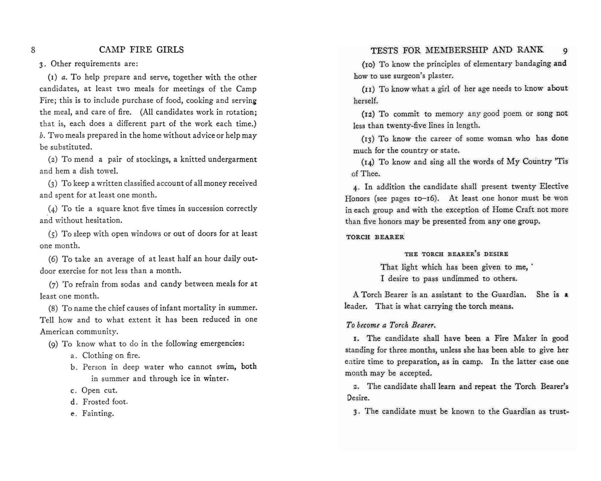 Interior pages listing Camp Fire Girls membership tests and Torch Bearer requirements
