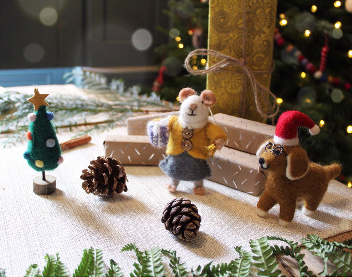 Handmade felt mouse Christmas ornament with bell and gift, from The Ruddy Duck in Whitefish, Montana