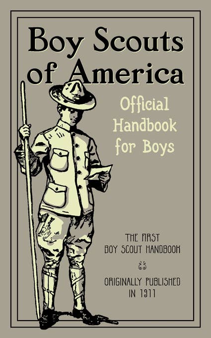 Official Handbook for Boys cover, gray green with a Boy Scout illustration, first published 1911, from The Ruddy Duck in Whitefish, Montana