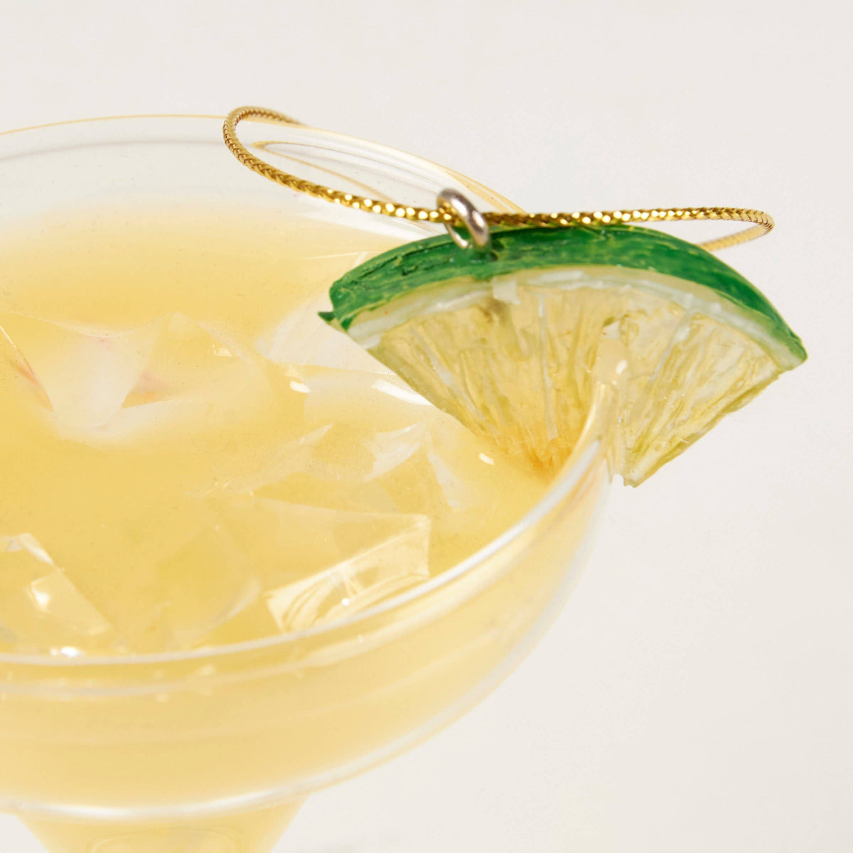 Glass margarita cocktail ornament with lime wedge, alternate view, from The Ruddy Duck in Whitefish, Montana