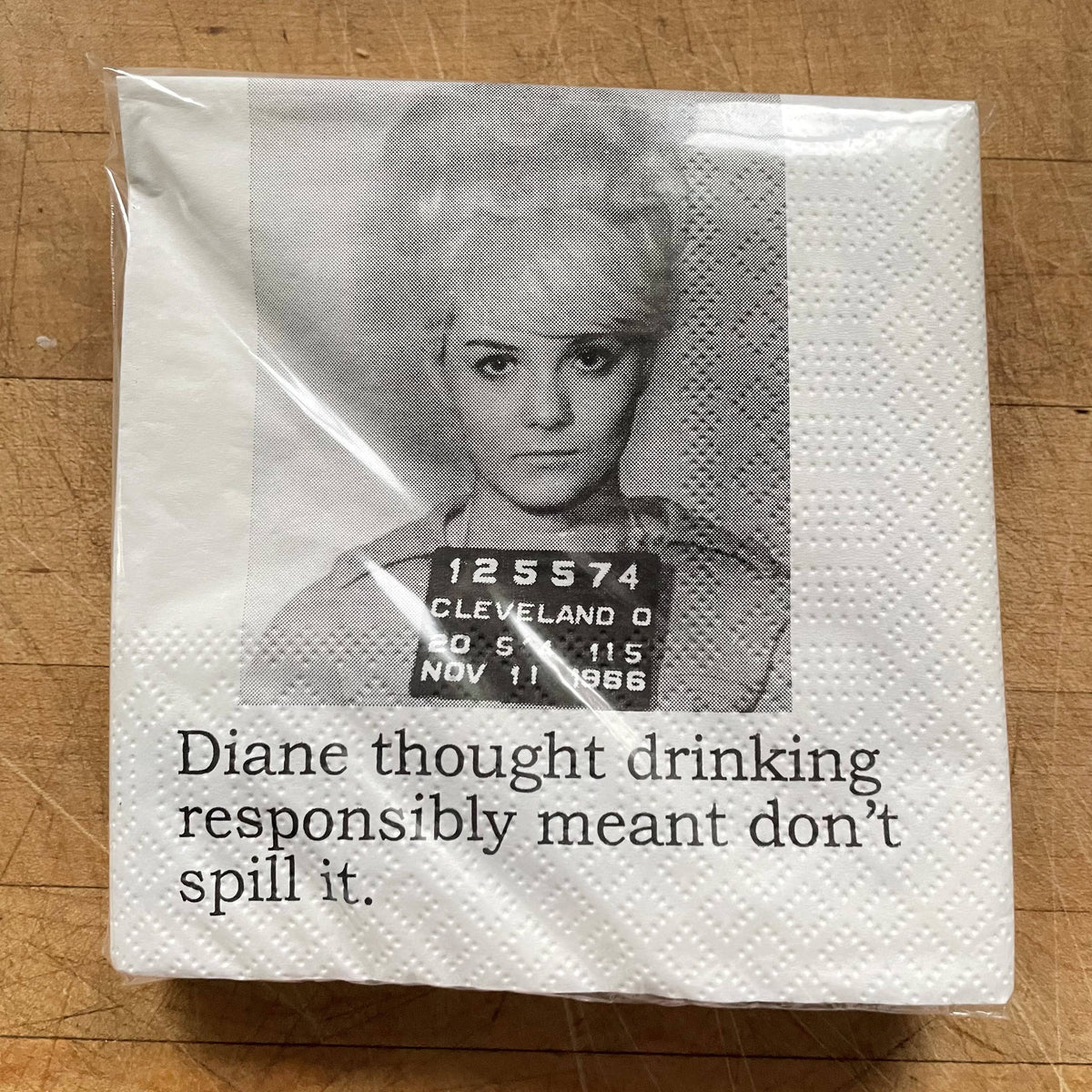 Diane Drinks Responsibly funny mugshot cocktail napkins, pack of 20, from The Ruddy Duck in Whitefish, Montana