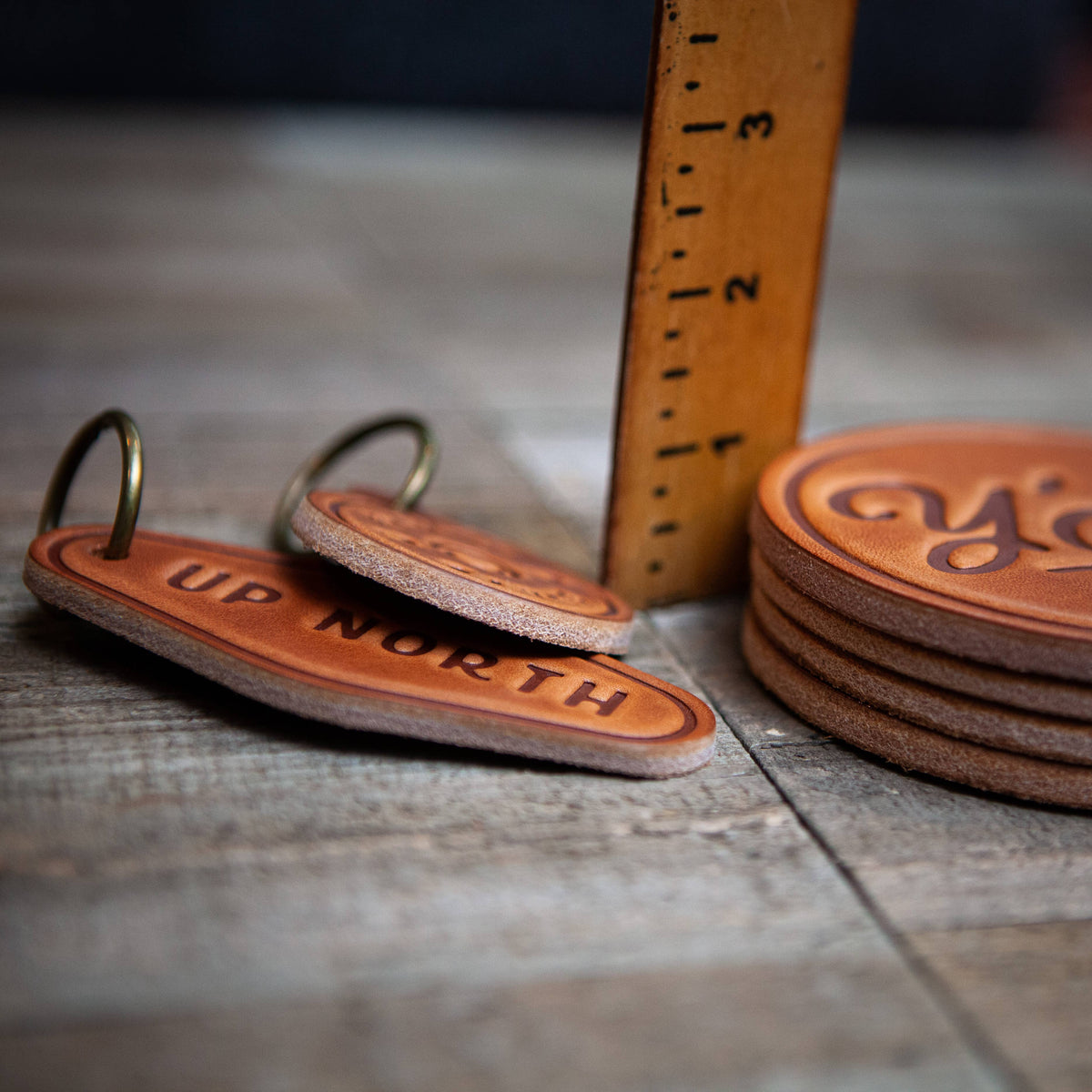 Montana American flag 4 inch leather coaster from The Ruddy Duck in Whitefish, Montana, alternate view