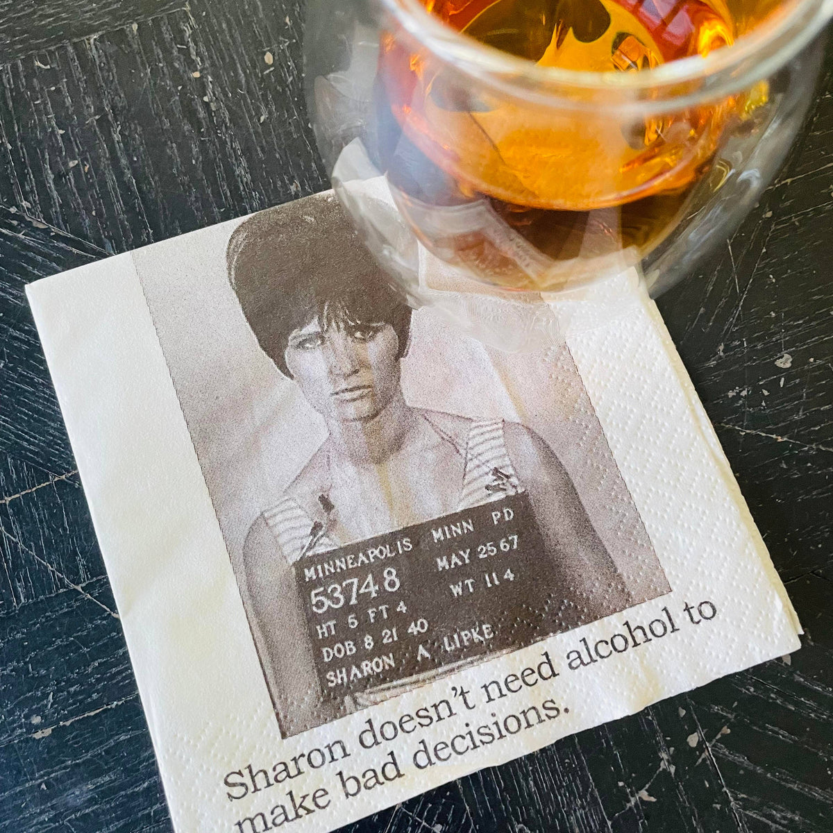 Sharon Doesn't Need Alcohol funny mugshot cocktail napkins, pack of 20, from The Ruddy Duck in Whitefish, Montana