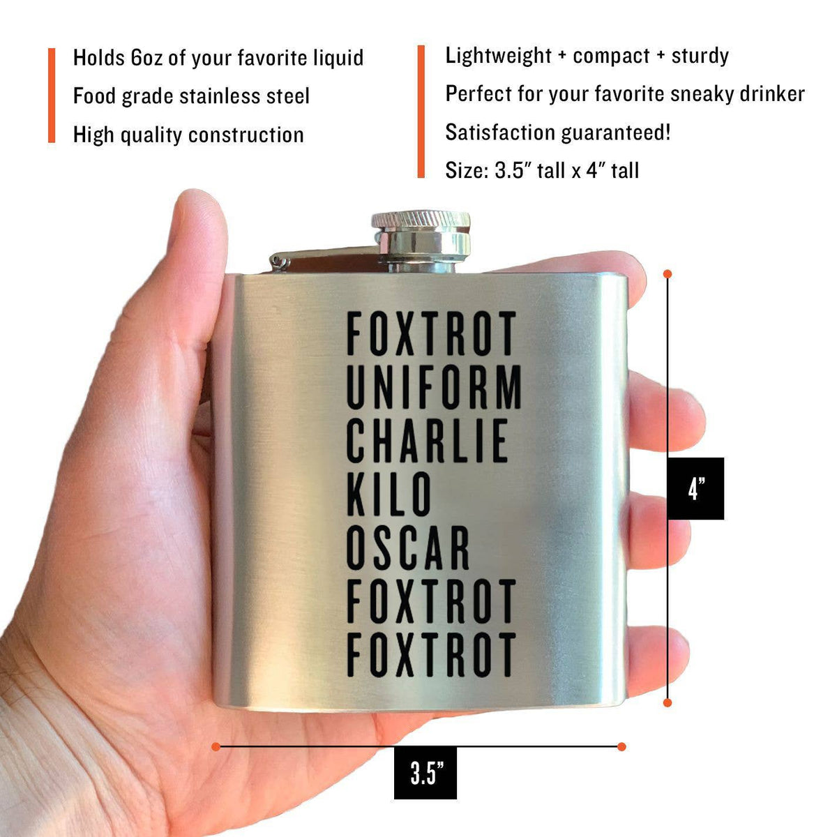 Foxtrot Uniform Charlie Kilo - 6 oz. Stainless Steel Flask
