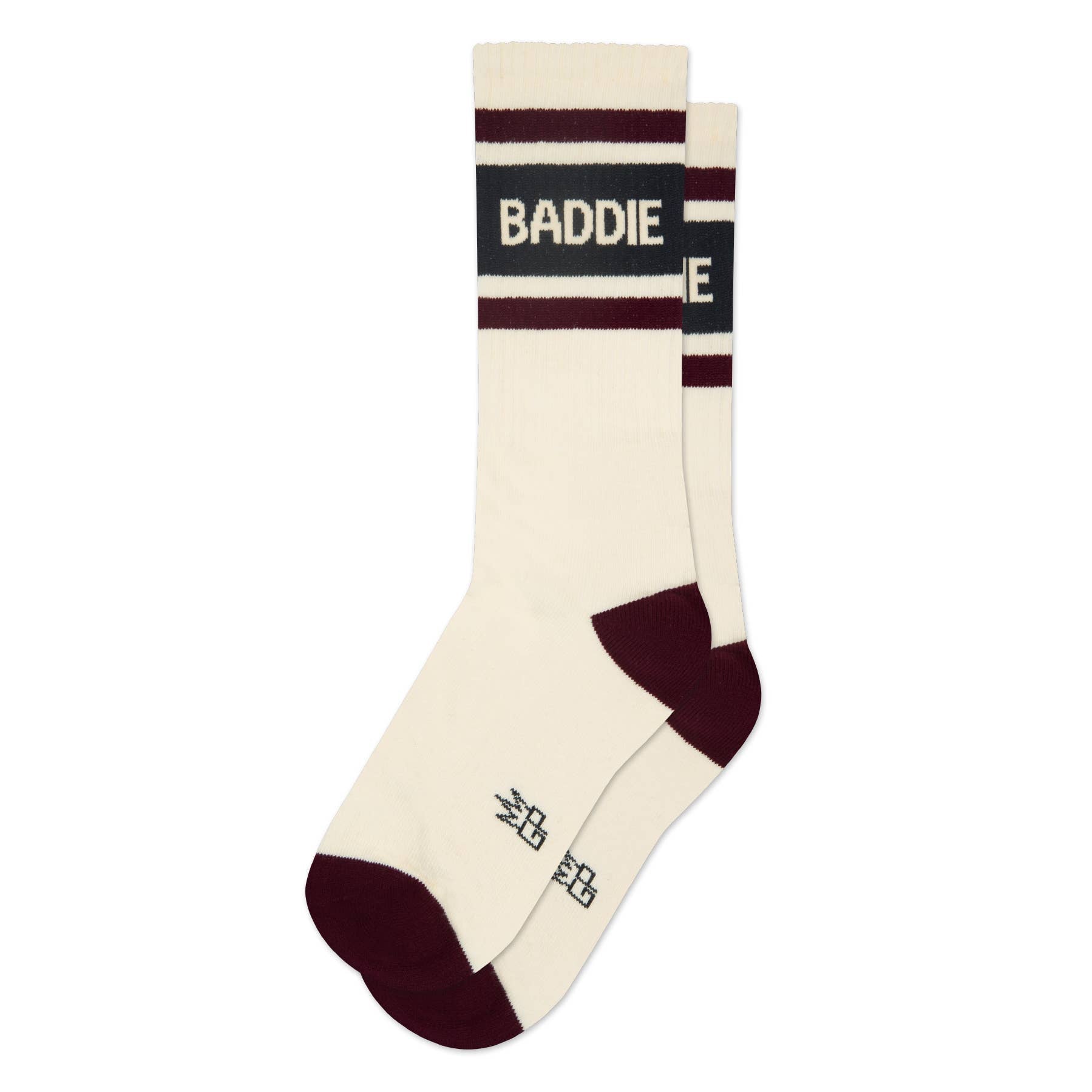 Baddie gym crew socks with BADDIE knit in bold letters, by Gumball Poodle, from The Ruddy Duck in Whitefish, Montana