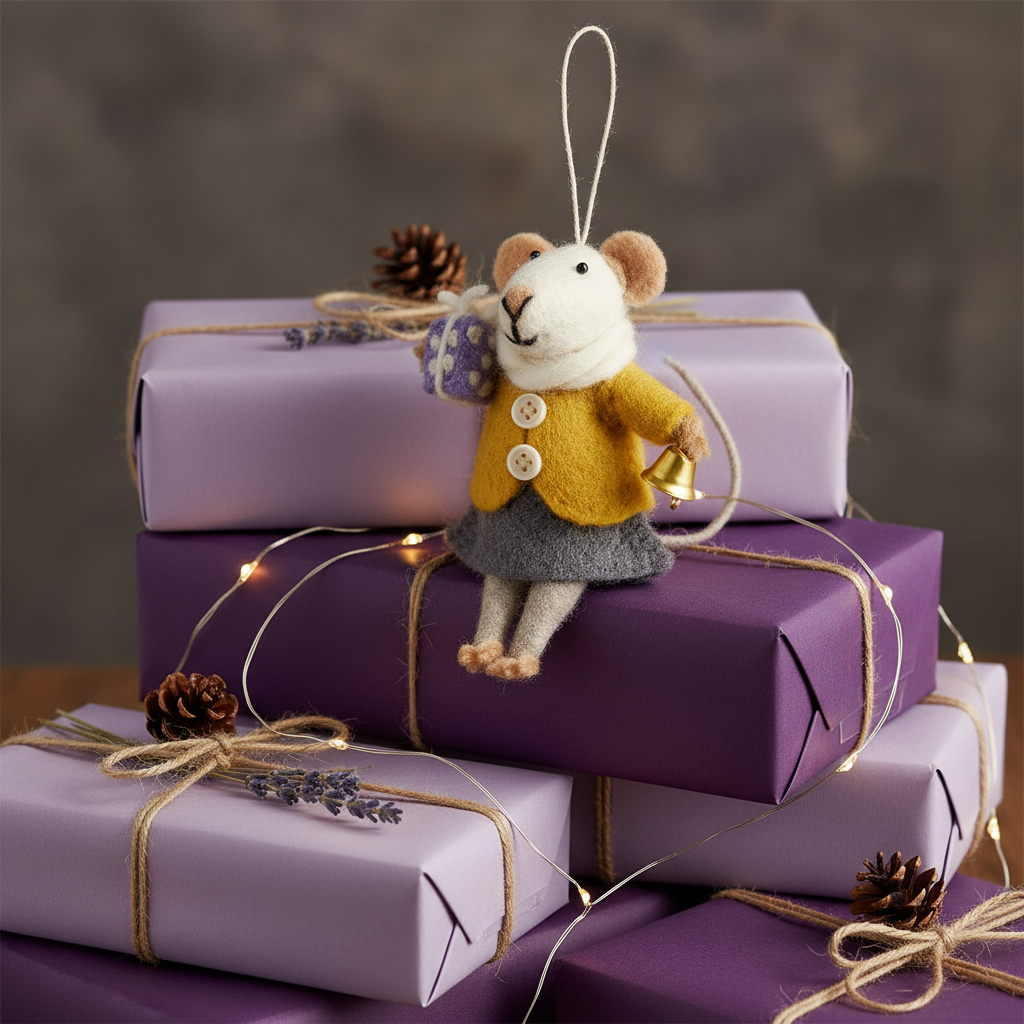 Handmade felt mouse Christmas ornament with bell and gift, from The Ruddy Duck in Whitefish, Montana