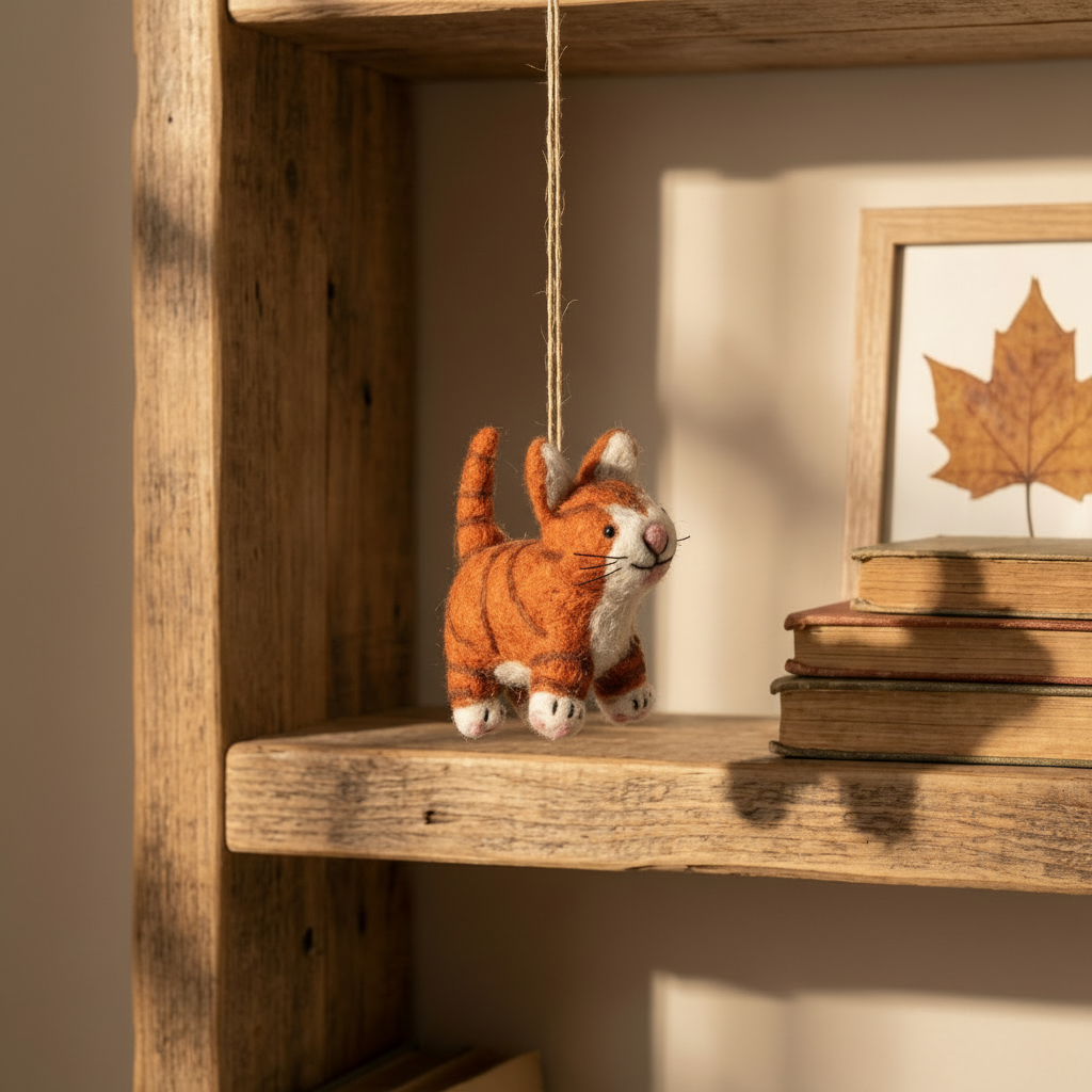 Handmade felt ginger tabby cat decoration with white belly and black stripes, from The Ruddy Duck in Whitefish, Montana