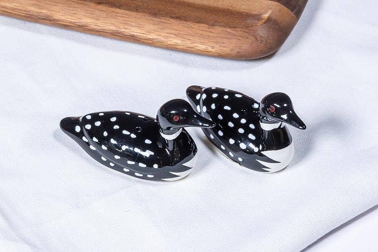Black and white ceramic loon salt and pepper shakers, from The Ruddy Duck in Whitefish, Montana