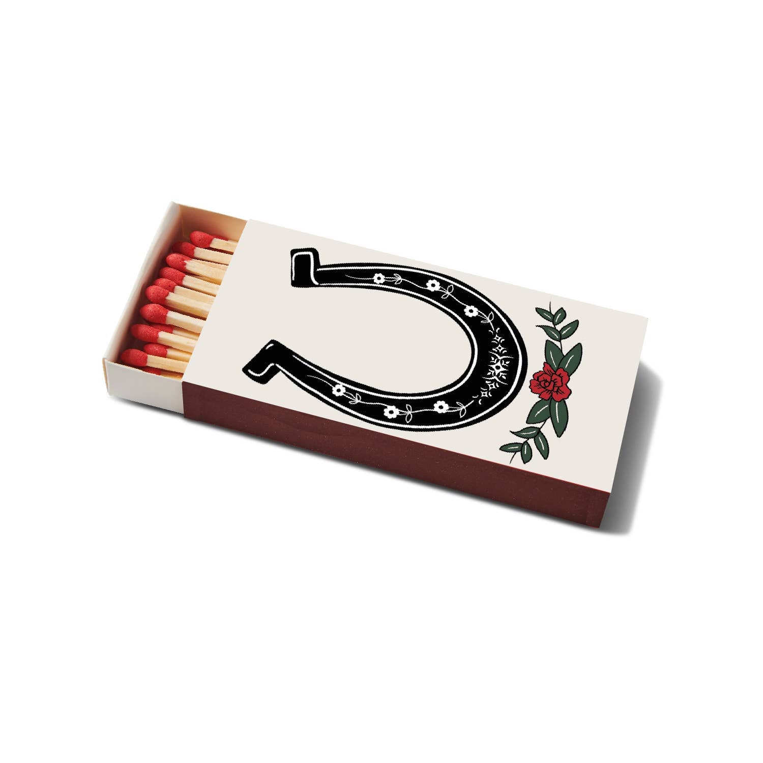 Decorative matchbox with lucky horseshoe western design holding 40 long wooden matches, from The Ruddy Duck in Whitefish, Montana