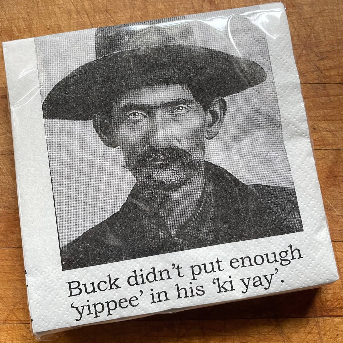 Buck's Yippee Ki Yay funny mugshot cocktail napkins, pack of 20, from The Ruddy Duck in Whitefish, Montana